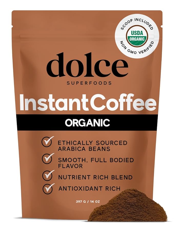 Dolce Superfoods Organic Instant Coffee – USDA Certified, Bold & Smooth Flavor, 14oz Travel-Friendly, No Additives, Non-GMO