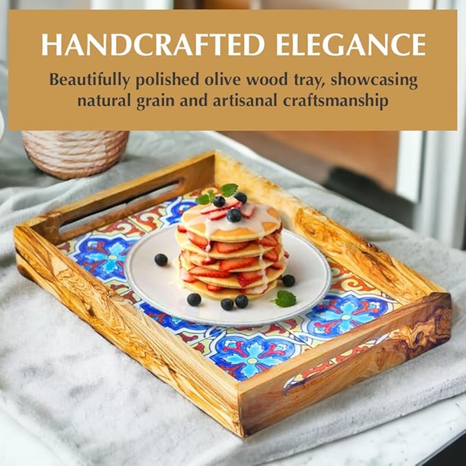 Kamsah Olive Wood Serving Tray with Handles (L:13”, W:9”) Decorative Rectangle Serving Trays for Serving Food, Drinks, Tea, Coffee - Rustic Vintage Wooden Serving Tray for Table & Gifts - Alhambra