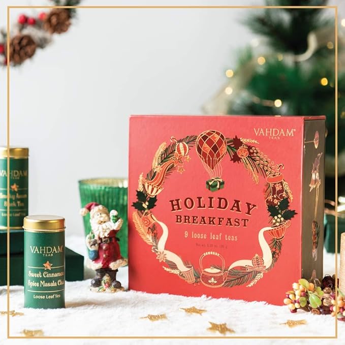 VAHDAM, Holiday Breakfast - Christmas Tea Gift Sets (90+ Cups) 9 Loose Leaf Teas - Luxury Gift Box | Christmas Gifts For Women, Men & Adults I Holiday Tea Gift Box