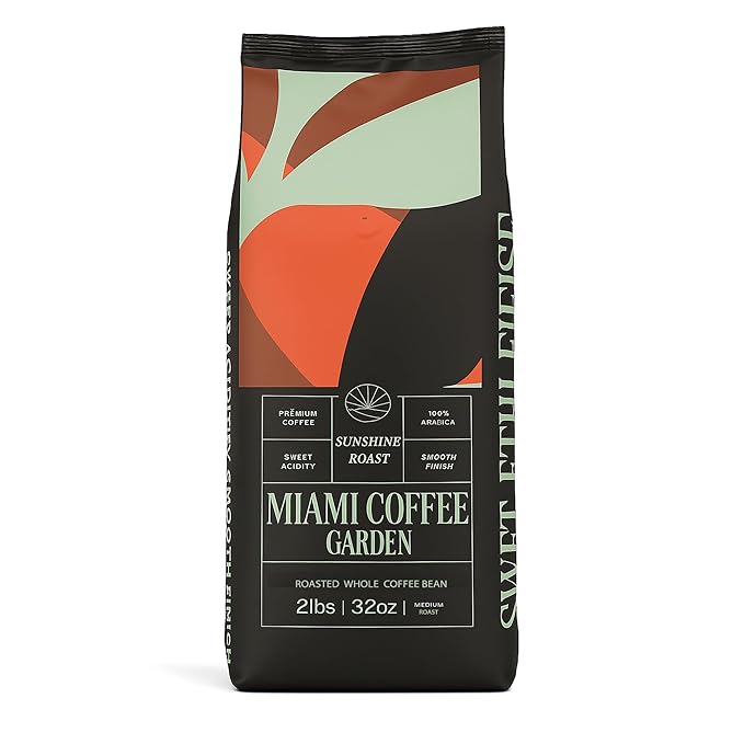 Miami Coffee Garden Sunshine Roast, Brazilian Premium Coffee, Rich and Balanced, 100% Arabica Beans, Low Acid, Single Origin Finest Coffee, Whole Beans, 2 Lb Bag