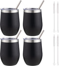 12 oz Insulated Wine Tumbler with Lid and Straw,Stainless Steel Stemless Wine Tumbler Glasses Double Wall Vacuum Wine Cups Tumbler Bulk for Coffee,Champaign,Cocktail,Office(Black,4)