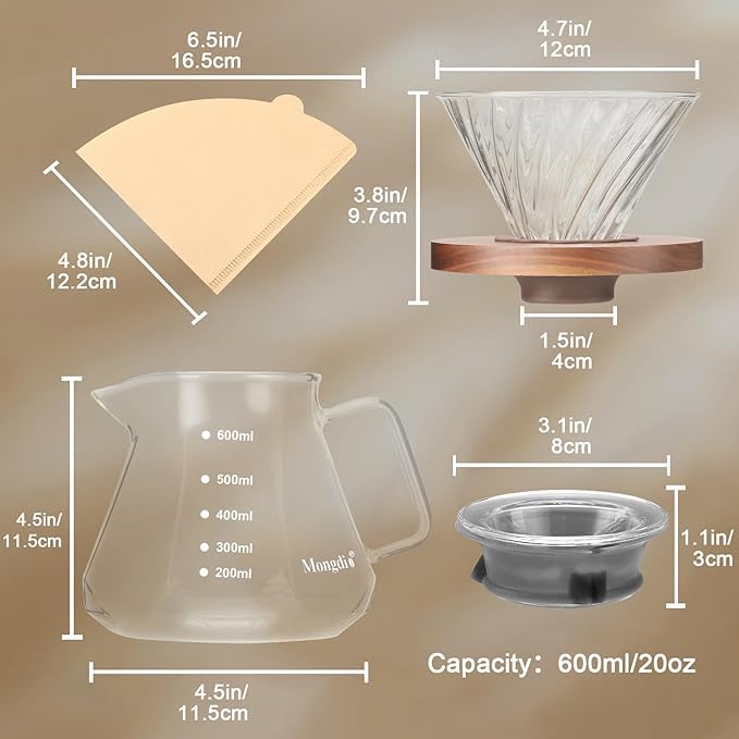 Mongdio Pour Over Coffee Maker, 20 oz High-Heat Borosilicate Glass Coffee Maker with 100pcs Paper Filters, 5 in 1 Drip Coffee Maker Set for Home Café Restaurant and Camping - 600ml, Clear