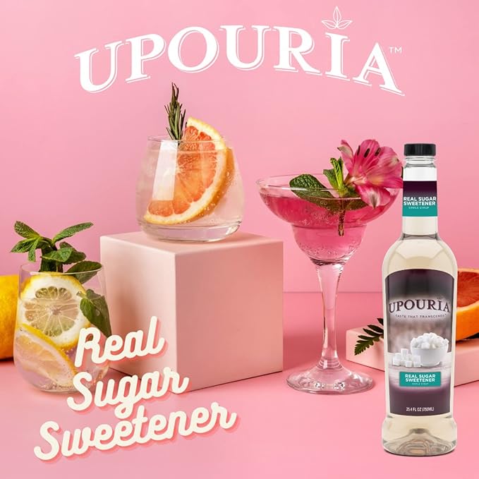 Upouria Real Sugar Sweetener Simple Syrup, 100% Vegan and Gluten-Free, 750 mL Bottle - Coffee Syrup Pump Included