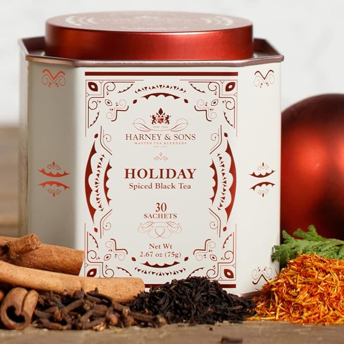 Harney & Sons Holiday Tea – Black Tea with Almond, Orange & Vanilla flavors with Cinnamon & Cloves in a Giftable Tin, 30 count