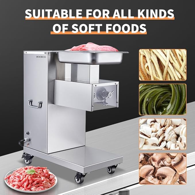 BOOROS Commercial Meat Cutter Machine 750W Electric Vertical Stainless Steel Meat Slicer 130L Commercial Meat Cutting Machine,1100lb/h,Equipped with 3mm Blade for Kitchen,Restaurants,Supermarket 110V
