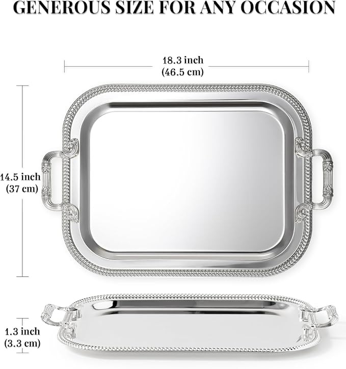18.5"x14.5" Rectangular Silver Serving Tray with Handles, Beautiful Mirror Polished Finish, Lightweight Classic Metallic Decorative Silverplate Tray for Wedding Anniversary Birthday Holiday Gatherings