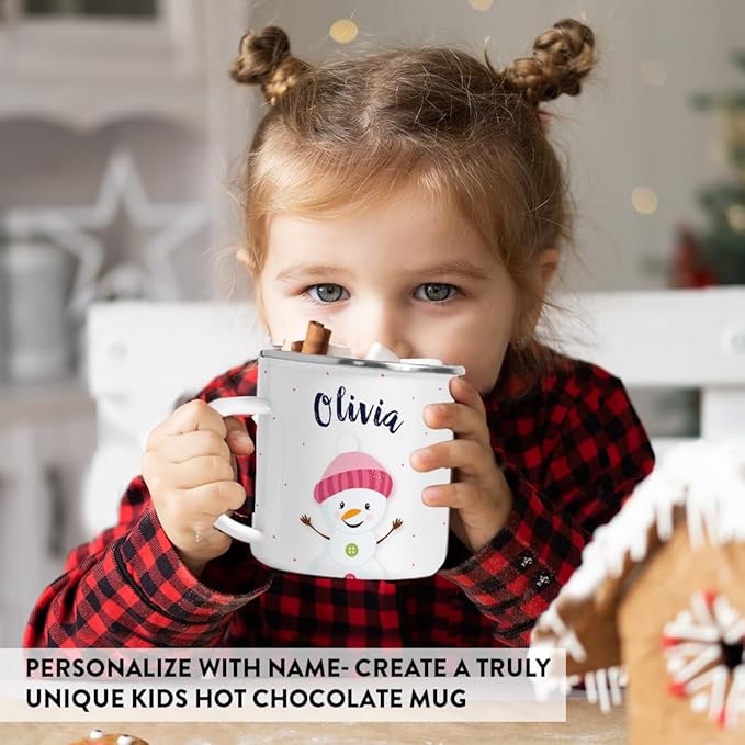Andaz Press Personalized Name 11Oz. Kids Christmas Hot Chocolate Stainless Steel Campfire Coffee Mug, Charming Snowman Pink Hat Hello, 1-Pack, Custom Birthday Xmas Cup Hot Cocoa Mugs Christmas Mugs