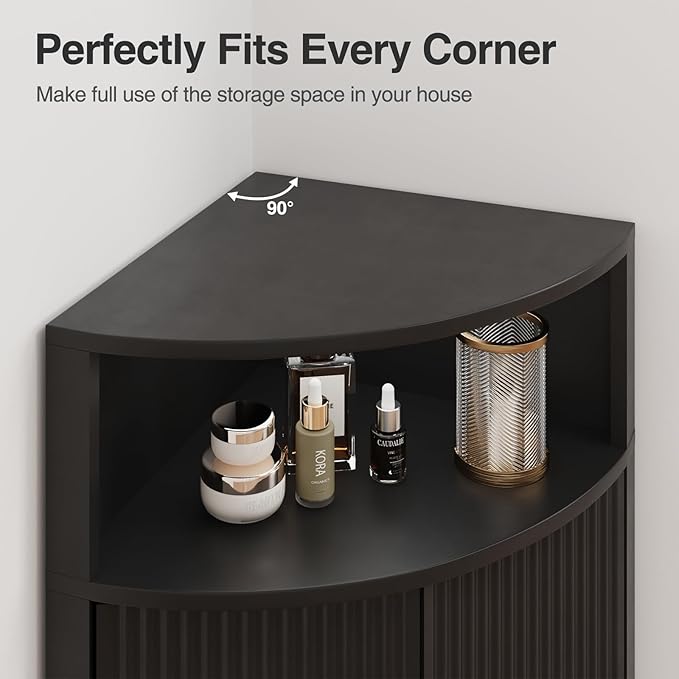 Corner Bathroom Cabinet, Modern Small Corner Cabinet with Fluted Door and Open Shelf, Space Saver for Bathroom, Living Room, Kitchen, Black