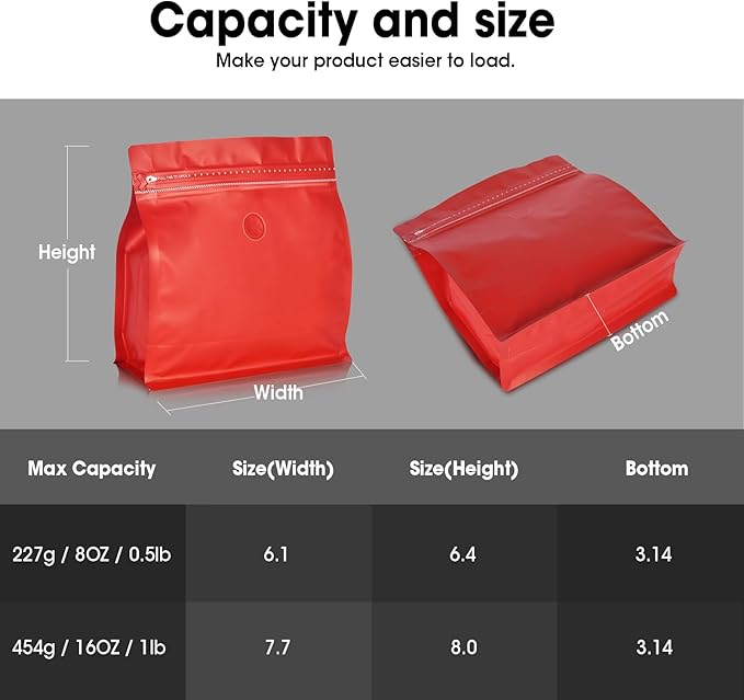 50 Count 8oz Coffee Bags with Valve,1/2 lb Vented Coffee Beans Packaging Bags High Barrier Aluminumed Foil Flat Bottom Heat Sealed Side Zipper Resealable Storage Bag for Home or Business(Red）