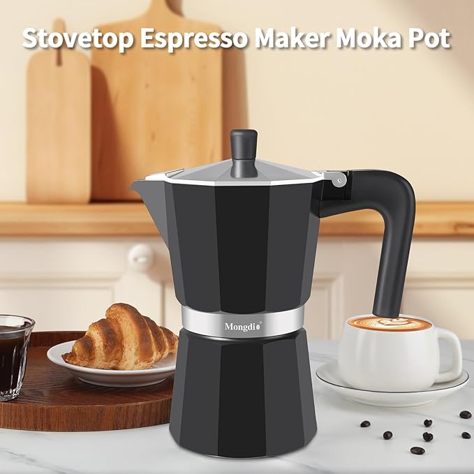 Mongdio Stovetop Espresso Maker Moka Pot, Stove Top Cuban Coffee Maker, Italian Greca Mocha Pot, 9 Espresso Cups, 15 oz - Black