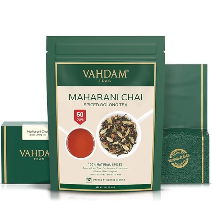 VAHDAM Maharani Chai Oolong Tea (50 Cups) | 100% NATURAL SPICES | Masala Chai Tea Loose Leaf | Cardamom, Cinnamon, Clove, Black Pepper | Spiced Chai Tea | Brew Hot or Iced | 100gm