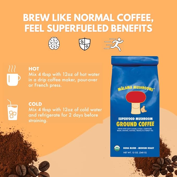 Organic Ground Mushroom Coffee by Malama | 8-Mushroom Superfood Blend with Lion’s Mane, Reishi, Cordyceps for Focus & Immune Support | Low Acid, Smooth Bold Flavor, Adaptogenic Energy | 12oz Bag