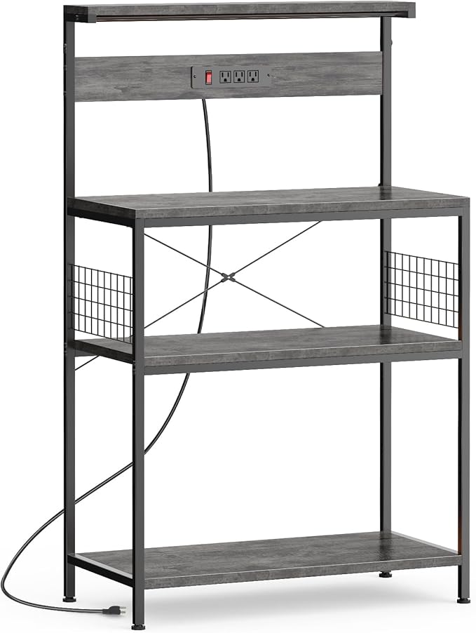 Sweetcrispy Kitchen Bakers Rack with Power Outlet, Coffee Bar Table 4 Tiers, Microwave Oven Stand Station, Adjustable Storage Shelf for Spices, Freestanding Appliance Organizer - 32 Inch, Gray