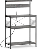 Sweetcrispy Kitchen Bakers Rack with Power Outlet, Coffee Bar Table 4 Tiers, Microwave Oven Stand Station, Adjustable Storage Shelf for Spices, Freestanding Appliance Organizer - 32 Inch, Gray