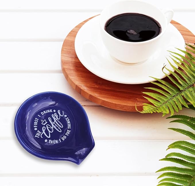 Funny Coffee Quote First I Drink The Coffee Then I Do The Things Ceramic Spoon Holder-Navy Blue Coffee Spoon Rest -Cafe Station Bar Accessories
