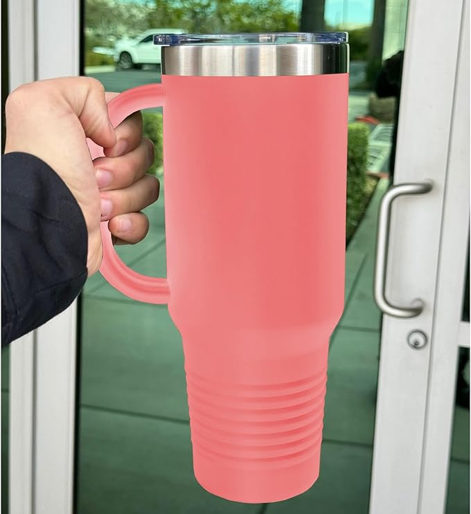 LaserGram 40oz Vacuum Insulated Travel Mug with Handle, Tiki Statue, Personalized Engraving Included (Coral)