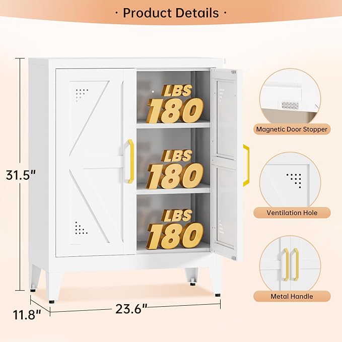 32" Metal Kitchen Pantry Cabinet,Floor Bathroom Storage Cabinet with 2 Adjustable Shelves,Freestanding Sideboard for Small Spaces, Living Room, Hallway, Dining Room,White