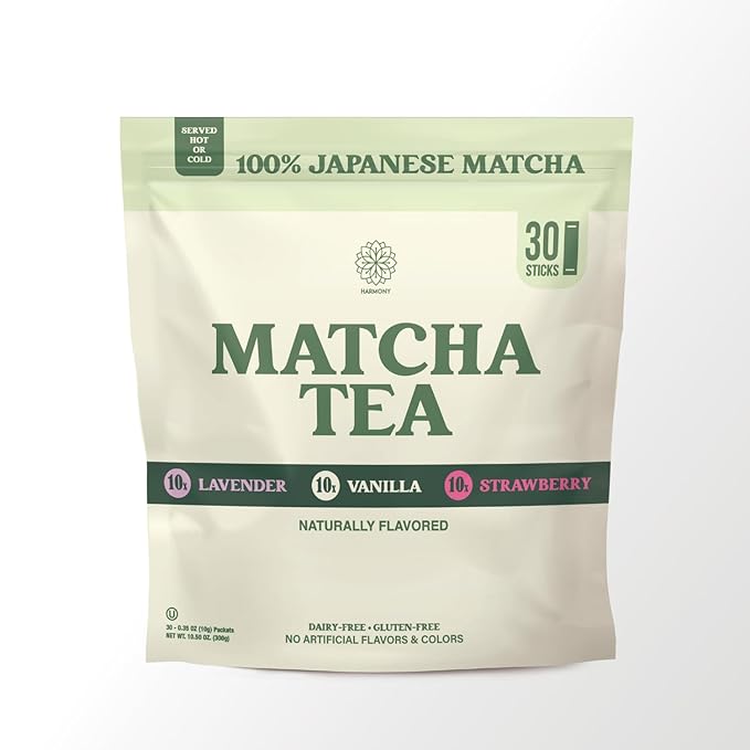 The Harmony Matcha Variety Pack (30 Sticks) Premium Japanese Matcha Powder, Lavender, Strawberry, Vanilla, Rich in Antioxidants & L-Theanine, Sweetened with Organic Sugar, No Preservatives