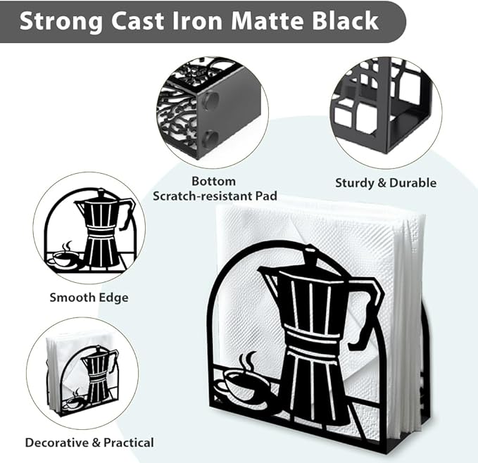 Coffee Pot Decorative Black Metal Napkin Holder for Table, 5.3" x 4.9" x 1.9" Standing Napkin Holder for Home Kitchen Restaurant Picnic Party Coffee Bar Dining Room