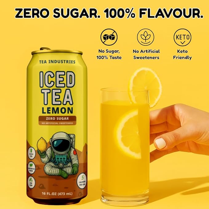 Tea Industries Black Tea with Lemon Iced Tea – Sugar Free, Low Calorie Citrus Flavor Electrolyte Drink for Hydration, 16oz Cans (12-Pack)