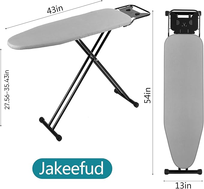 Ironing Board 13" X 43" W/Height Adjustable,Safety Iron Rest,Extra Heavy Cover,Heat & Scorch Resistant Fabric, Anti-Skid Feet,Easy to Fold