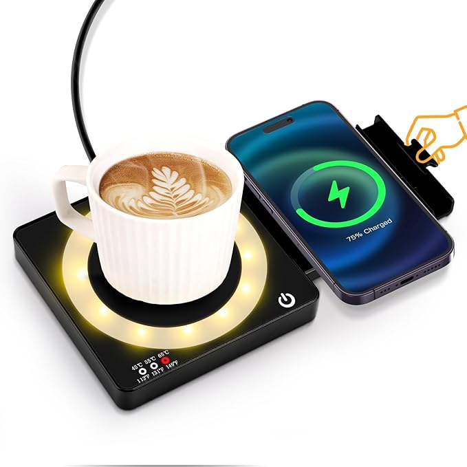 3 in 1 Coffee Mug Warmer with 15W Wireless Charger and Night Light for Home Office Desk Use with Auto Shut Off for Heating Coffee, Beverage, Milk, Tea, Hot Chocolate and Candle Wax