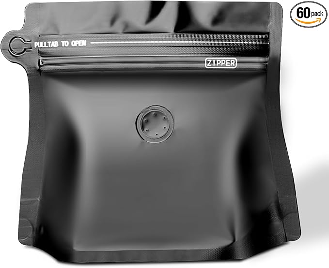 8oz 1/2 lb 60pcs Coffee Bags with Valve,Vented Coffee Bag Packing Food Store Bags Coffee Packaging Stand-up Coffee Storage Pouches Diamond Shaped Need to Use Heat Sealing Machine（Black）