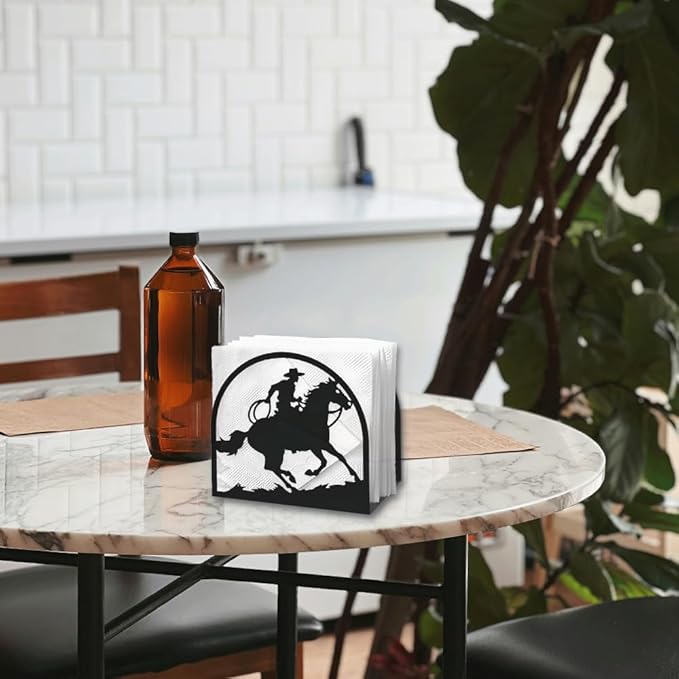 Western Cowboy Riding Horse Decorative Black Metal Napkin Holder for Table, 5.3" x 4.9" x 2" Standing Napkin Holder for Home Kitchen Restaurant Picnic Party Coffee Bar Dining Room
