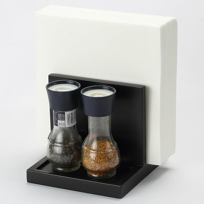 Wooden Napkin Holder napkin salt pepper holder with Salt and Pepper Shakers Caddy,Suitable for Kitchen, Restaurant, Bar, Office, Parties, Home Décor Black