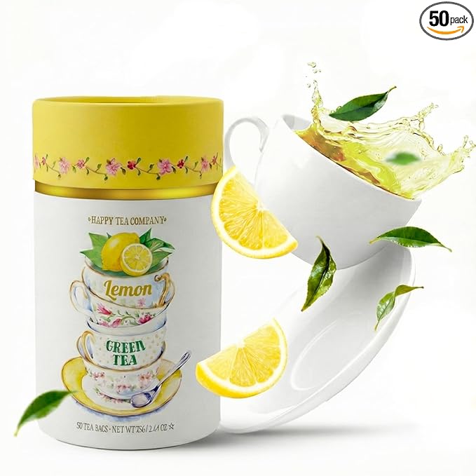 Life Plus Style Gourmet Happy Tea Company Lemon Green Tea Refreshing Bright Organic Lemon Flavored Hot or Iced Brew Naturally Cafiinated 50 Wellness Tea Bags for Women