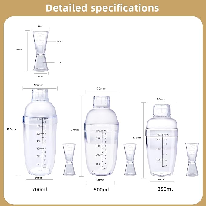 Plastic Bar Cocktail Shaker with Measuring Jigger Set,Hand Drink Mixer Boba Tea Shaker Cup with Scales,Bar Tool Transparent Protein (500ML)