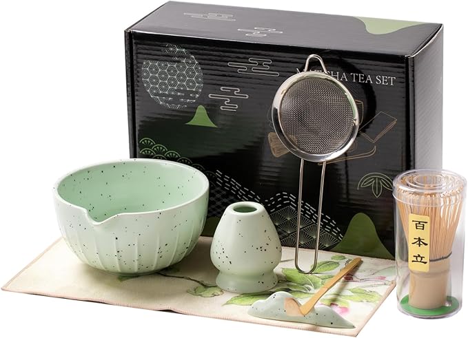 7Pcs Japanese Matcha Tea Set, Matcha Kit with Matcha Bowl (with Pouring Spout), Matcha Whisk, Whisk Holder, Strainer - Elegant Matcha Set for Gifting and Personal Use, Gift Box Packaging (Green spots)