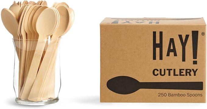 HAY! Bamboo Spoons | 250 ct Unwrapped Spoons | Biodegradable Utensils | Compostable & Plastic-Free | Heavy-duty Spoons | For To-Go Meals or Events | wooden Spoons