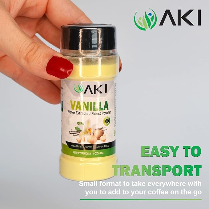 AKI Vanilla Water Extracted Powder From Authentic Beans for Flavoring, Cooking, Baking & Smoothies - Sugar Free & Alcohol Free - Added 2% Monk Fruit Sweetener - Non-GMO & Vegan (2.11oz/60g)