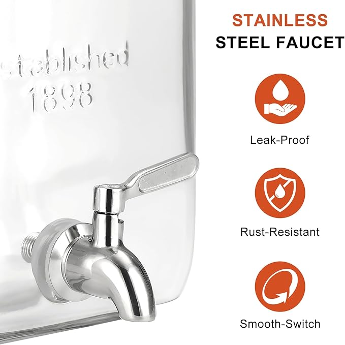 1 Gallon Glass Drink Dispenser 2 Pack - Drink Dispenser with Stand, Juice Dispenser, Drink Dispensers for Parties, Glass Water Dispenser with Stainless Steel Spigot, Lemonade Dispenser