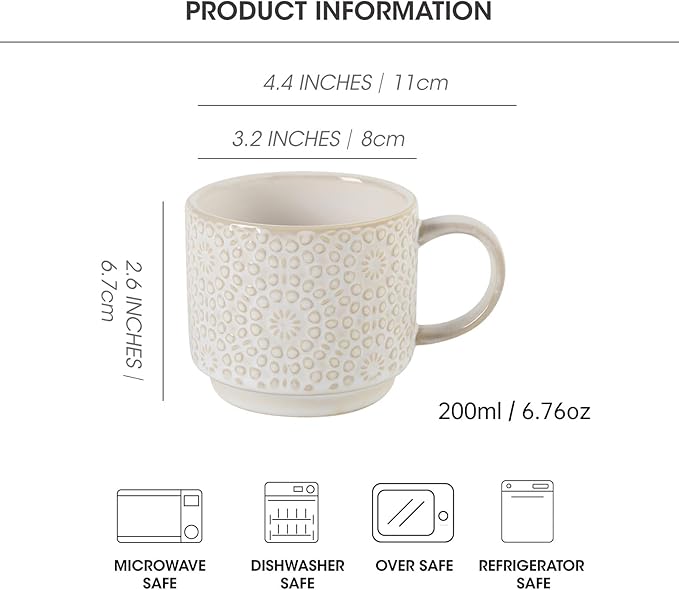 6 Oz Coffee Cups Set of 4, Stackable Coffee Mugs with Stand, Ceramic Cappuccino Cup, Embossed Espresso Cups for Latte, Tea, Cocoa, Mocha, Housewarming Present, Dishwasher Safe