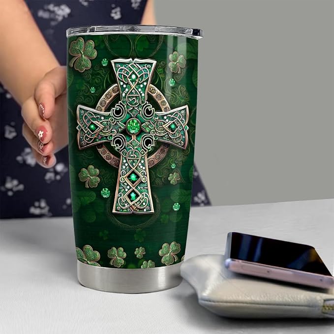 SANDJEST Irish Tumbler 20oz Irish Facts Celtic Cross Stainless Steel Tumbler with Lid Gift for Women Birthday Christmas