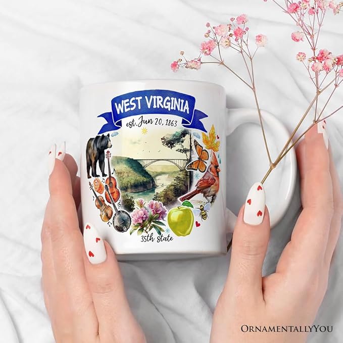 OrnamentallyYou State Travel Landmark Mugs – 12 oz Ceramic Coffee Cups, U.S. Souvenir Gift for Tourists (Artistic West Virginia State Themes and Landmarks Mug)