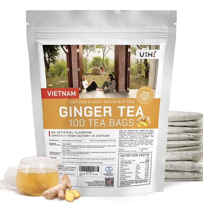 VIXI Flavored Ginger Black Tea Bag, Vietnam's Mountain Tea, 100 Counts, 100% Natural from Ancient Tee Tree, Black Tee Blend with Ginger for Hot and Cold Brew (Vietnamese Taste, 7.0 Oz)