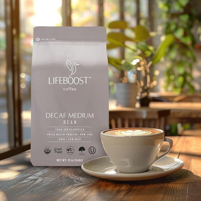 Lifeboost Medium Roast Decaf Coffee Beans – Organic Low Acid Swiss Water Decaf – Whole Bean Coffee – Third Party Tested for Mycotoxins & Pesticides – Chemical Free – 12 oz