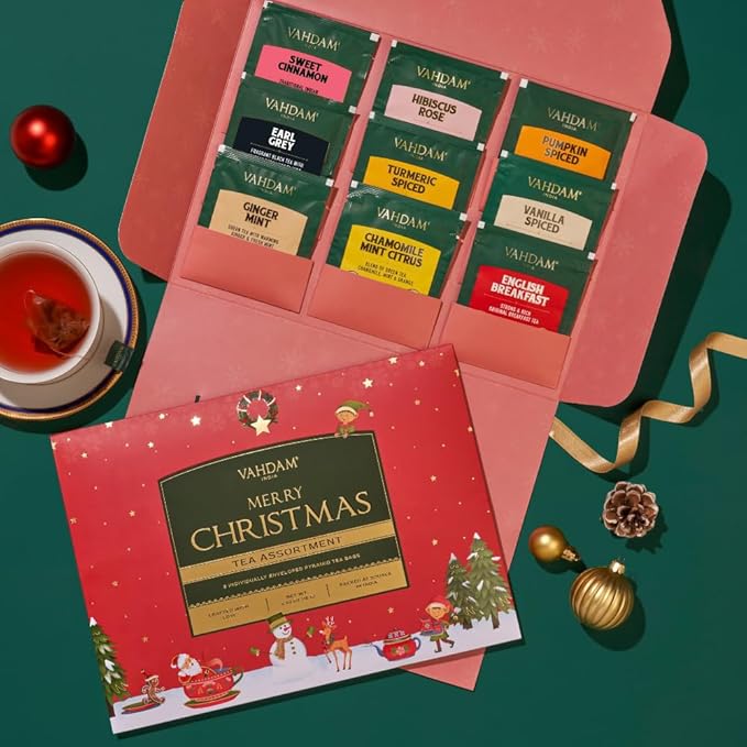 VAHDAM, Merry Christmas Tea Gift Set (9 Individually Wrapped Tea Bags) Limited Edition -Gluten Free, Non GMO | Christmas 2025 Gift Ideas | Christmas Gifts For Women 2025 & Christmas Gifts For Men 2025