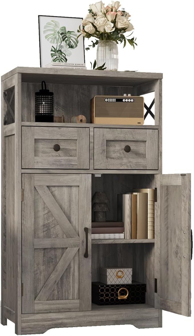 Farmhouse Storage Cabinet with Drawers and Shelf, Freestanding Kitchen Pantry Hutch for Kitchen, Living Room, Home Office, Rustic Grey