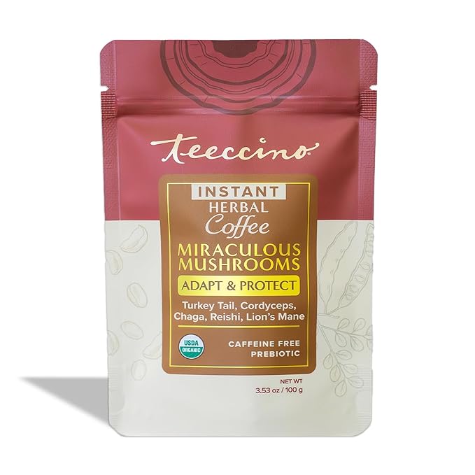 Miraculous Mushrooms Instant Adapt & Protect Herbal Coffee By Teeccino – 33 servings - Microground Herbs plus Reishi, Lion’s Mane, Chaga, Turkey Tail, Cordyceps - Caffeine Free, Prebiotic - 3.53 ounces