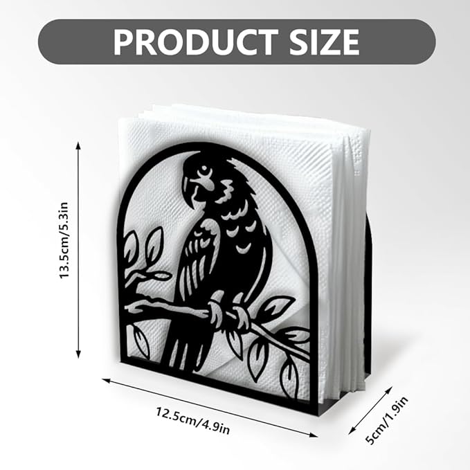 Parrot on Branch Decorative Black Metal Napkin Holder for Table, 4.9" x 5.3" x 1.9" Parrot Bird Standing Napkin Holder for Home Kitchen Restaurant Picnic Party Coffee Bar Room