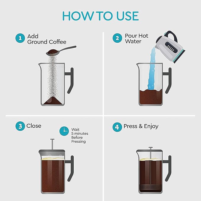 Belwares French Press Coffee Maker 34oz - 304 Stainless Steel Insulated Coffee Press, Double-Wall Heat Resistant Design with 4-Level Filtration System, Rust-Free & Dishwasher Safe (1.5 Liter), Silver