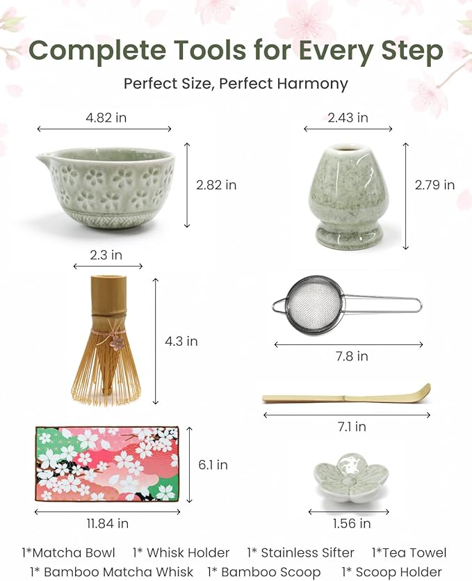 Matcha Whisk Sets 7 Pcs Includes Ceramic Bowl, Bamboo Whisk, Scoop, Sifter, Whisk Holder, Scoop Rest & Tea Towel | Japanese Matcha Ceremony Gift Set for Matcha Lovers (Mottled Green)