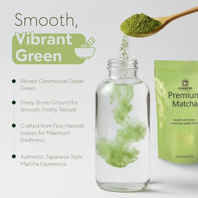 MushMatcha Premium Ceremonial Matcha Powder Grade 5A – Organic Green Tea for Lattes, Smoothies & Baking, Stone-Milled Pure Jade Leaf Blend, Unsweetened Formula with Smooth Taste, 100g Resealable Pouch