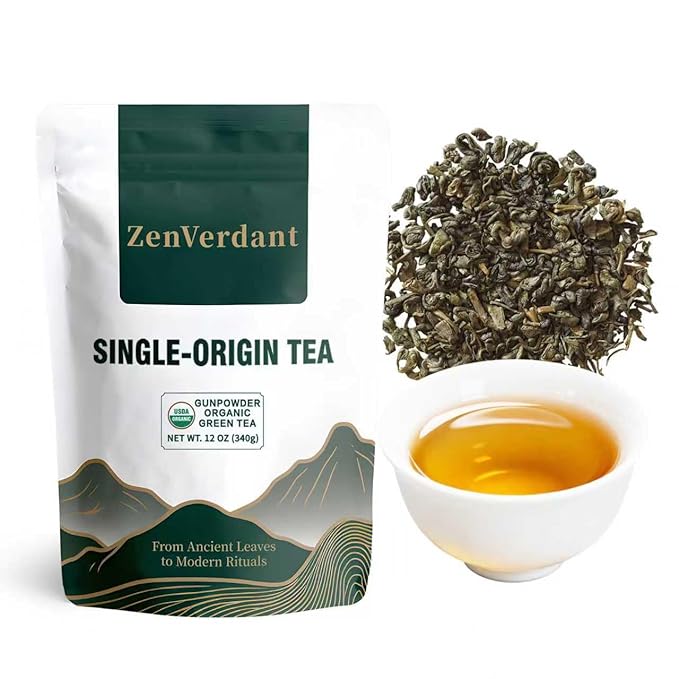ZenVerdant USDA Organic Gunpowder Tea, 12oz Loose Leaf | Longjing Dragon Well Infused | Resealable Pouch & Smooth Umami