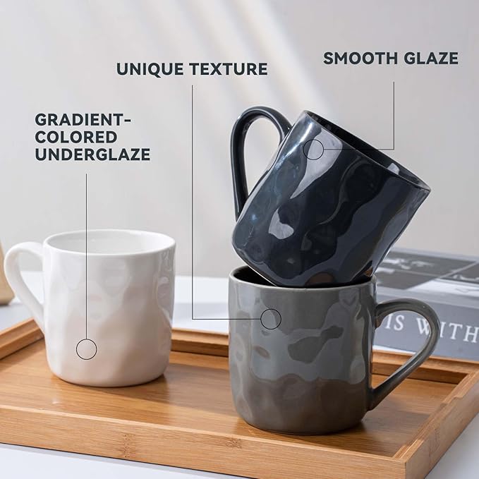 Porcelain Coffee Mugs Set of 6 with Hand Pinch Texture, Non-toxic, Stylish Gift 12 OZ Ceramic Coffee Tea Milk Coco Mug, Microwave and Dishwasher Safe (Dark blue, White, Grey)