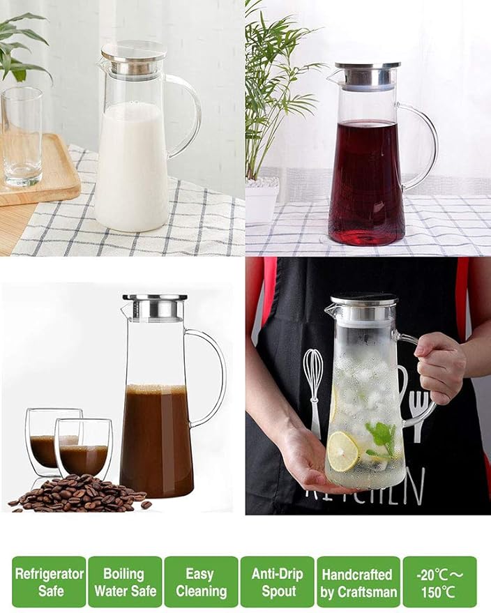 Hwagui - Heat Resistant Glass Pitcher with Stainless Steel Lid, Water Carafe with Handle, Good Beverage Pitcher for Homemade Juice and Iced Tea, 1600ml/53oz
